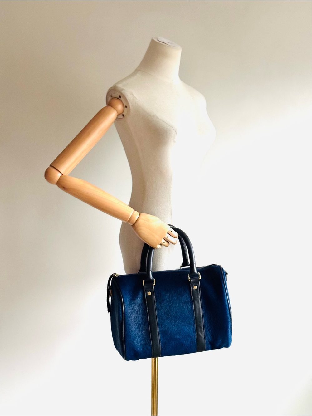 Clare V Blue Haircalf Satchel with Black Leather Trim
